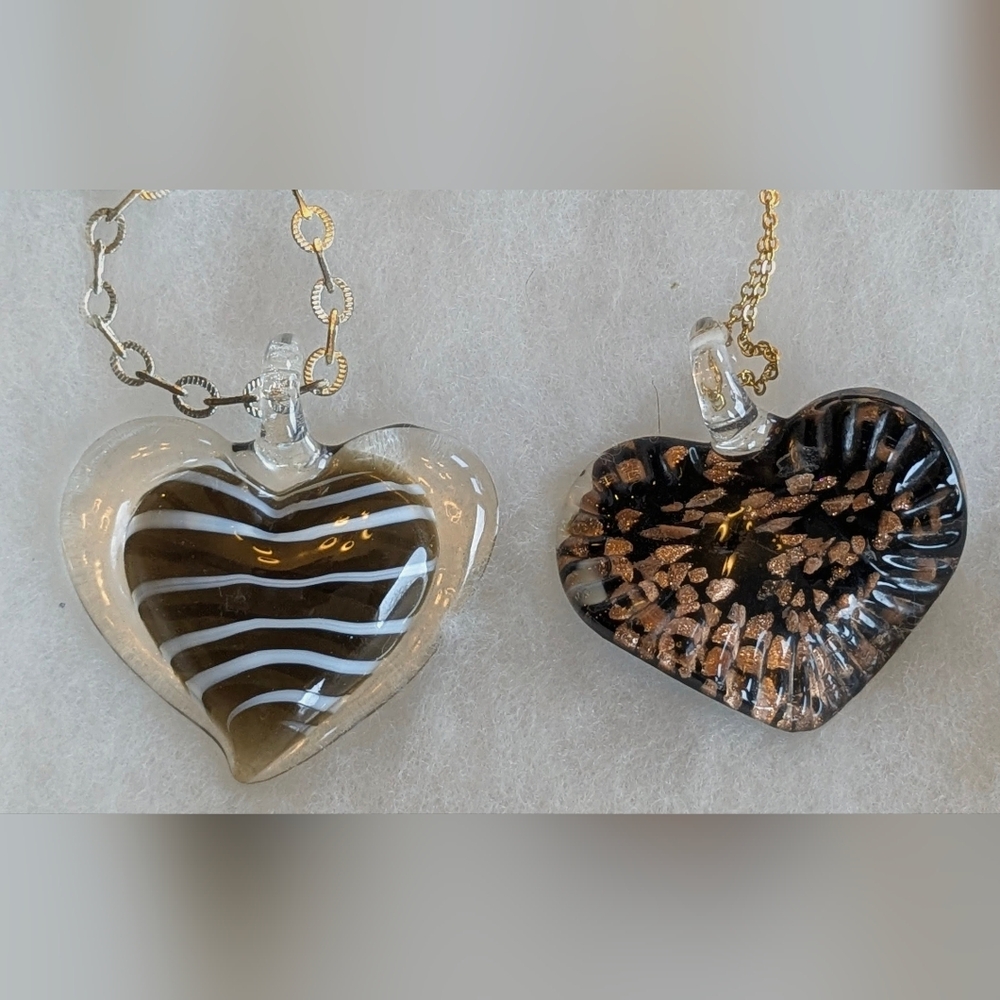 2 Art glass Heart Pendant Necklaces